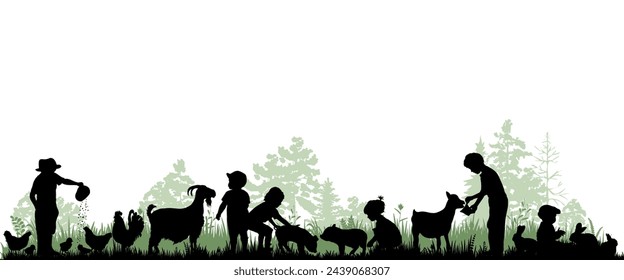 Children and pets silhouettes on white background. Little girls and boy play and feed farm animals. Vector illustration.	
