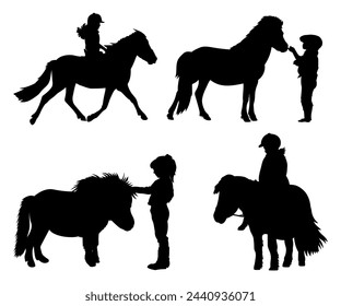 Children and pets silhouettes on white background. Young riders with ponies. Vector illustration.