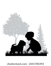 Siluetas de niños y mascotas sobre fondo blanco. Niña pequeña jugar con perro. Ilustración vectorial.