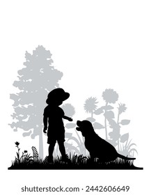 Children and pets silhouettes on white background. Little boy plays with dog. Vector illustration.