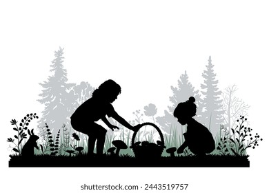 Children and pets silhouettes on white background. Little girls gather mushrooms. Vector illustration.	