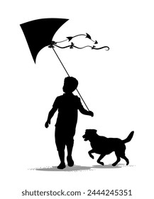 Children and pets silhouettes on white background. Little boy plays with a kite and a dog. Vector illustration.	
