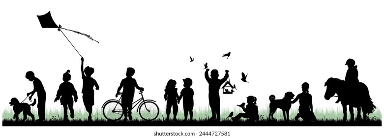 Children and pets silhouettes on white background. Little girls and boys playing outdoor. Vector illustration.