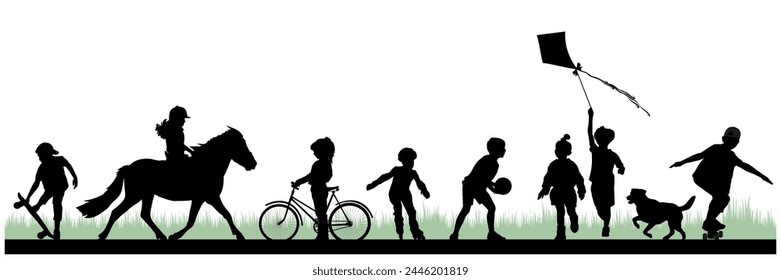 Siluetas de niños y mascotas sobre fondo blanco. Niñas y niños jugando al aire libre. Ilustración vectorial.	
