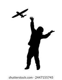 Children and pets silhouettes on white background. Little boy plays with a toy airplane. Vector illustration.	

