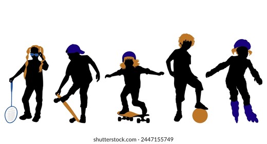 Children and pets silhouettes on white background. Little girls and boys playing outdoor. Vector illustration.