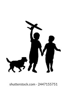 Children and pets silhouettes on white background. Little boys play with a toy airplane and a dog. Vector illustration.	
