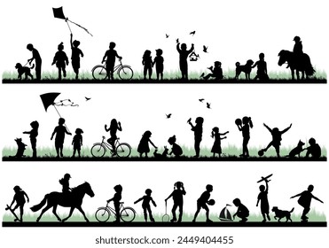 Children and pets silhouettes on white background. Little girls and boys playing outdoor. Vector illustration.