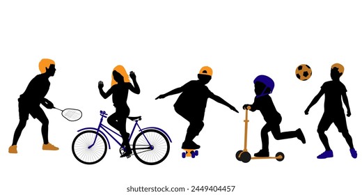 Children and pets silhouettes on white background. Little girls and boys playing outdoor. Vector illustration.	
