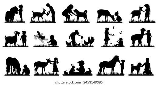 Children and pets silhouettes on white background. Little girls and boys play and feed domestic animals. Vector illustration.