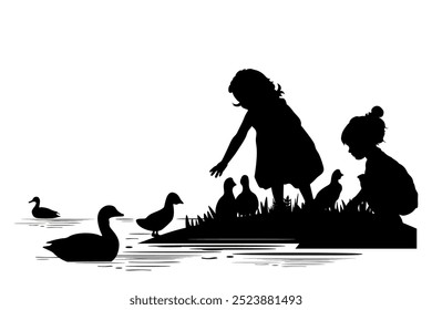 Siluetas de niños y mascotas sobre fondo blanco. Niñas jugando con patitos en la orilla. Ilustración vectorial.	
