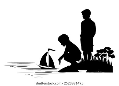 Children and pets silhouettes on white background. Little boys plays with a toy ship on the shore. Vector illustration.	
