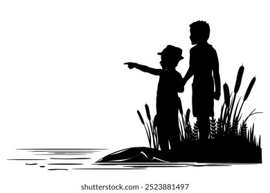 Children and pets silhouettes on white background. Little boys playing on the shore. Vector illustration.	
