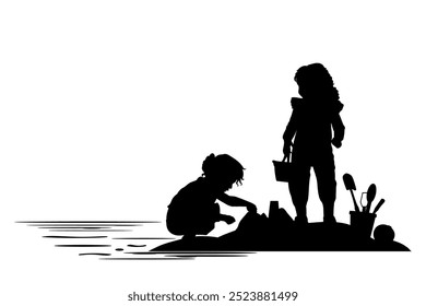 Children and pets silhouettes on white background. Little girls playing on the shore sand. Vector illustration.	
