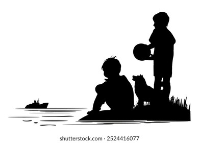 Children and pets silhouettes on white background. Little boys play on the shore. Vector illustration.	
