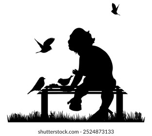 Children and pets silhouettes on white background. Little girl feed birds. Vector illustration.	
