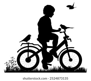 Children and pets silhouettes on white background. Little girl and boy on bike feed birds. Vector illustration.	
