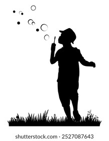 Children and pets silhouettes on white background. Little boy playing with soap bubbles. Vector illustration.	
