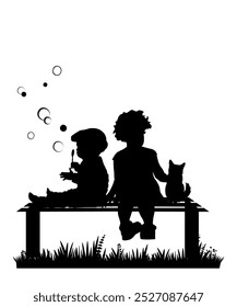 Children and pets silhouettes on white background. Little boy and girl playing with pet and soap bubbles. Vector illustration.	
