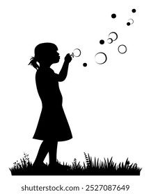 Children and pets silhouettes on white background. Little girl playing with soap bubbles. Vector illustration.	
