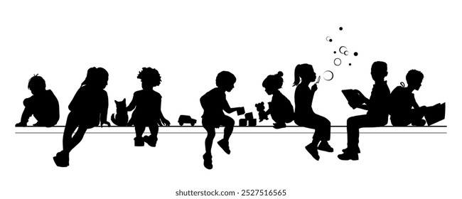 Children and pets silhouettes on white background. Little girls and boys sitting and playing on a bench. Vector illustration.	
