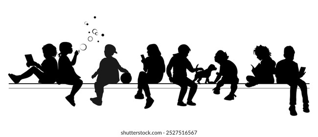 Children and pets silhouettes on white background. Little girls and boys sitting and playing on a bench. Vector illustration.	
