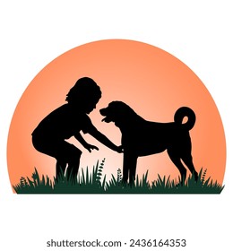 Children and pets silhouettes on yellew background. Little girl playing with dog. Vector illustration.