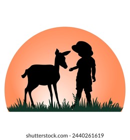 Children and pets silhouettes on yellow background. Little girl feeding young deer . Vector illustration.	
