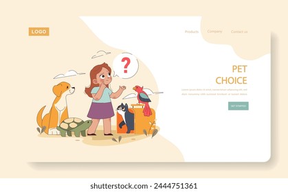Children and Pets web or landing. A young girl considers various animals, pondering her choice of a pet. Decision-making in a child's life. Flat vector illustration