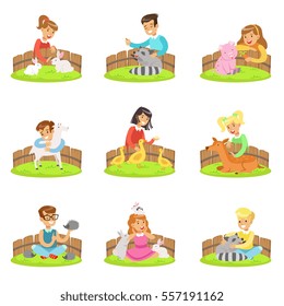 Children Petting The Small Animals In Petting Zoo Set Of Cartoon Illustrations With Kids Having Fun