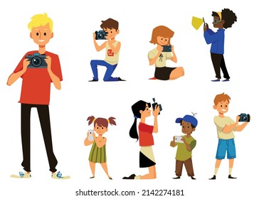 Children with photo cameras taking picture, flat cartoon vector illustration isolated on white background. Kids photographers taking photo characters set.