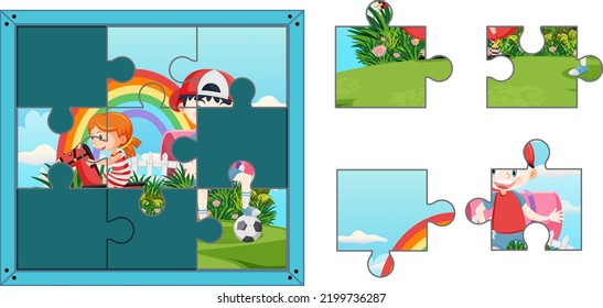 Children photo jigsaw puzzle game template illustration