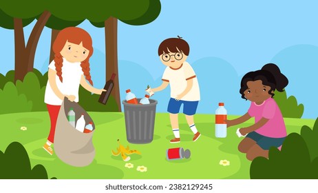 Children picking up garbage in the park. Flat style vector illustration.