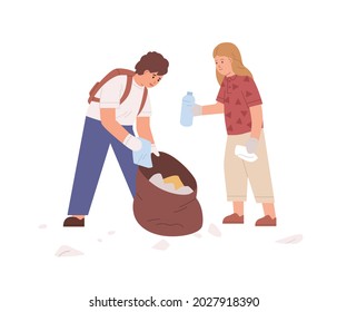 Niños recogiendo basura y recogiéndola en bolsas de basura. Niños limpiando el ambiente de la basura. Voluntarios ecológicos junior trabajando juntos. Ilustración vectorial plana aislada en fondo blanco