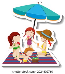 Children picnic at the beach cartoon sticker illustration