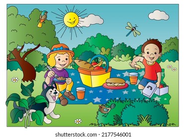 Children picnic and camping. Color pages for children's books.