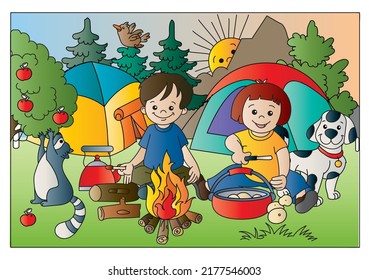 Children picnic and camping. Color pages for children's books.