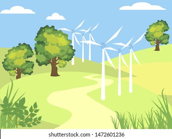 Children picture, art. Wind generator standing in a park, field. In minimalist style. Cartoon flat vector Illustration