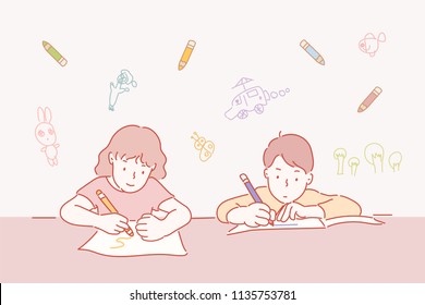 Children with pictures on paper. hand drawn style vector design illustrations.