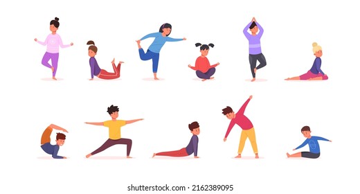 Children pilates. Kids yoga posture, child gymnastics pose sport stretching exercise for enfants, youth healthy lifestyle gym bend gymnastic, set cartoon vector illustration of fitness kids pilates