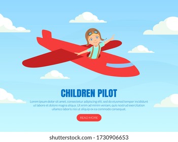 Children Pilot Landing Page Template, Cute Boy in Retro Leather Flight Helmet Flying Plane Like Real Pilot Vector Illustration
