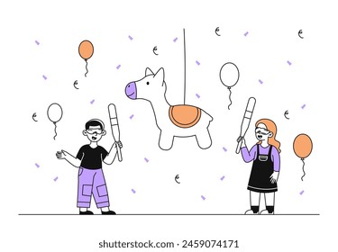 Niños con pinata simple. Niño y niña con mordedura punch juguete con confeti. Entretenimiento y ocio. Fiesta y fiesta, celebración. Doodle Ilustración vectorial plana aislada sobre fondo blanco