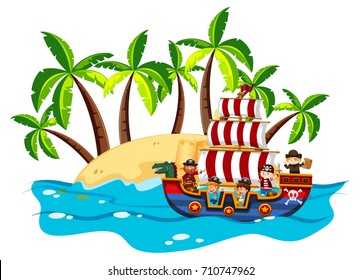 Children and pirate on viking ship illustration