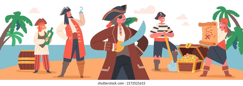 Children Pirates on Secret Island, Funny Kid Character Wear Picaroon Costumes with Treasure Chest, Map or Bottle with Message. Freebooters Hiding Loot, Quest, Party. Cartoon People Vector Illustration