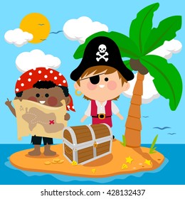 Children pirates on treasure island. Vector illustration