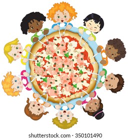 Children with Pizza on White Background