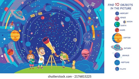 Children in the planetarium are looking at the starry sky. Vector illustration. Find 10 objects in the picture. Funny cartoon characters.