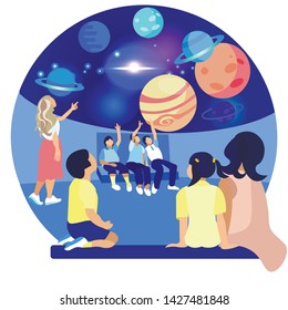 Children in Planetarium Study Planet. Space Exhibition. Compositions Exhibition Center. Visit Exhibition. Modern Art. Art Gallery. Vector Illustration. Children Sit on Floor. Space Location Exhibition