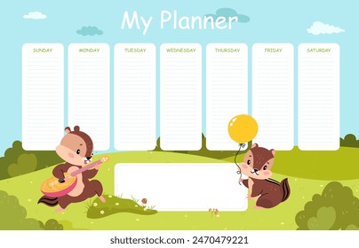 Children planner template with chipmunks. Cartoon chipmunk play music and hold balloon. Notes page or to do list, nowaday vector design