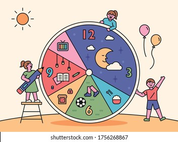 Children are planning a day on a large round plate. flat design style minimal vector illustration.